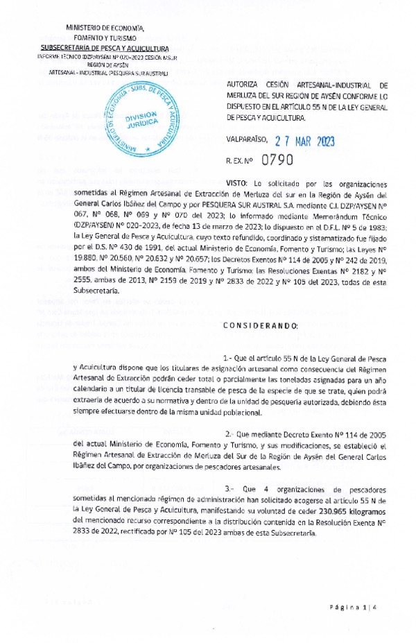 Res. Ex N° 0790-2023, Autoriza Cesión de Merluza del Sur Región de Aysén. (Publicado en Página Web 28-03-2023).
