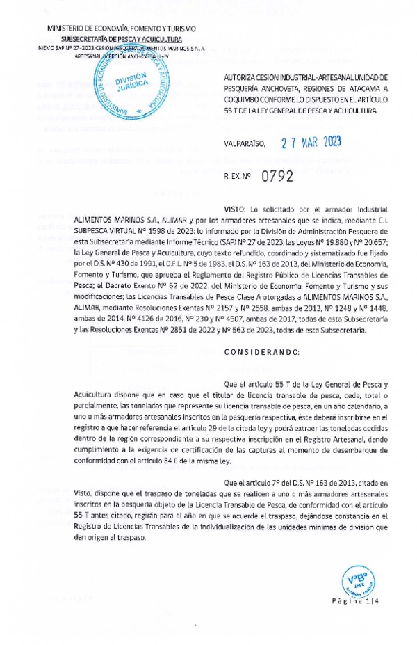 Res. Ex. N° 0792-2023, Autoriza Cesión de Anchoveta Regiones de Atacama a Coquimbo. (Publicado en Página Web 28-03-2023).