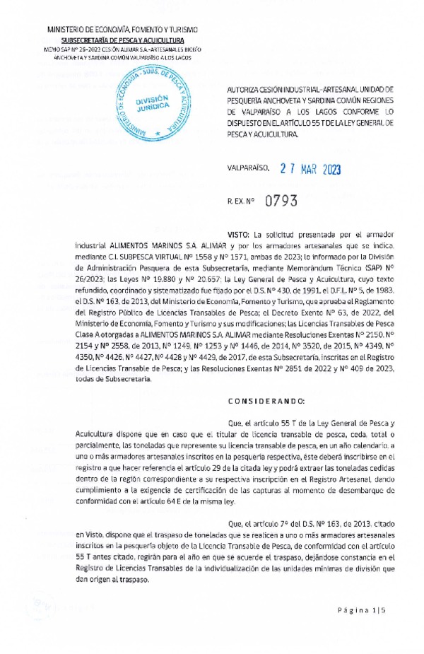 Res. Ex N° 0793-2023, Autoriza Cesión Anchoveta y Sardina Común Regiones de Valparaíso de Los Lagos. (Publicado en Página Web 28-03-2023)