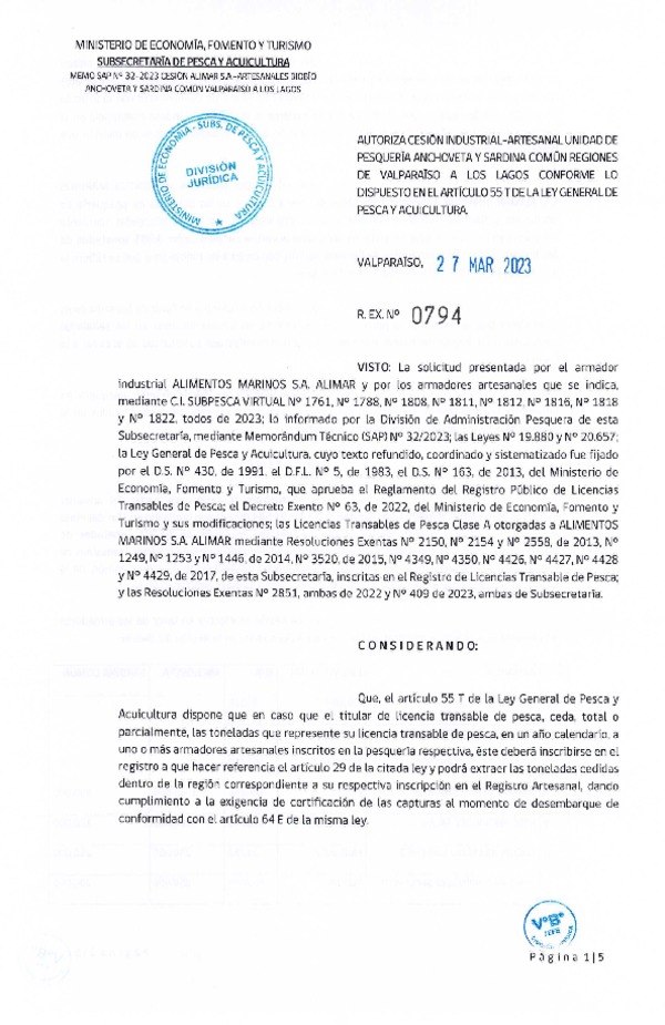 Res. Ex N° 0794-2023, Autoriza Cesión Anchoveta y Sardina Común Regiones de Valparaíso de Los Lagos. (Publicado en Página Web 28-03-2023)