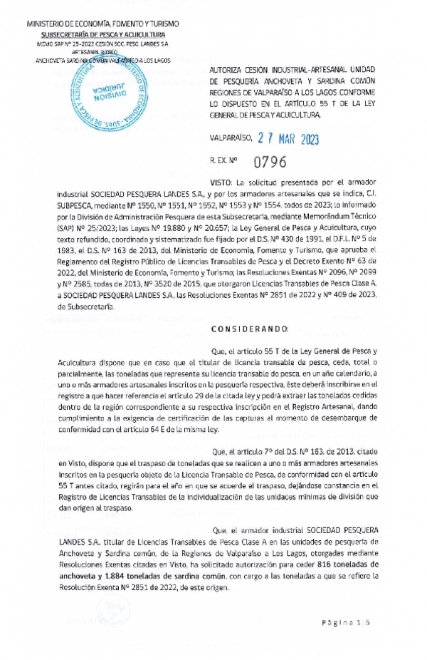 Res. Ex N° 0796-2023, Autoriza Cesión Anchoveta y Sardina Común Regiones de Valparaíso de Los Lagos. (Publicado en Página Web 28-03-2023)