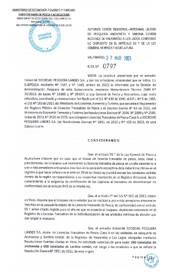 Res. Ex N° 0797-2023, Autoriza Cesión Anchoveta y Sardina Común Regiones de Valparaíso de Los Lagos. (Publicado en Página Web 28-03-2023)