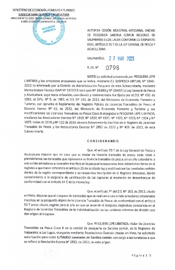 Res. Ex N° 0798-2023, Autoriza Cesión Anchoveta y Sardina Común Regiones de Valparaíso de Los Lagos. (Publicado en Página Web 28-03-2023)
