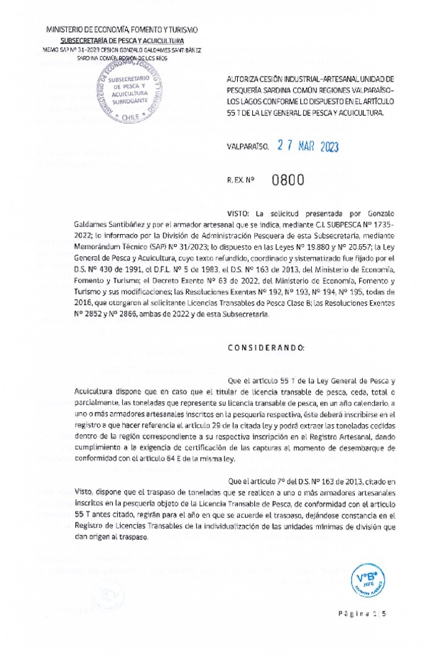 Res. Ex N° 0800-2023, Autoriza Cesión Anchoveta y Sardina Común Regiones de Valparaíso de Los Lagos. (Publicado en Página Web 28-03-2023)