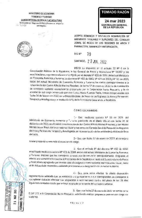 D.S. 79-2022 Oficializa Nominación de Miembros Titulares y Suplentes del Consejo Zonal de Pesca de las Regiones de Arica y Parinacota, Tarapacá y Antofagasta. (Publicado en Página Web 28-03-2023)