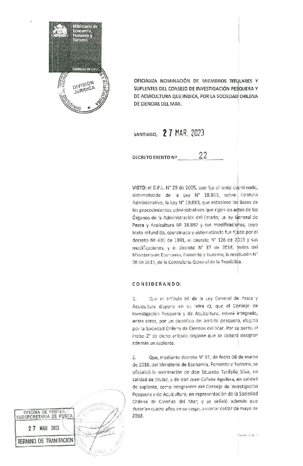 Dec. Ex. N° 22-2023 Oficializa Nominación de Miembros Titulares y Suplentes del Consejo de Investigación Pesquera y de Acuicultura que Indica. Por la Sociedad Chilena de Ciencias del Mar. (Publicado en Página Web 28-03-2023)