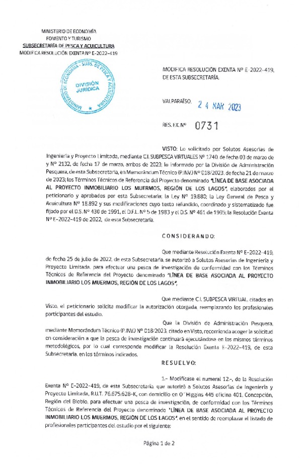 Res. Ex. N° 0731-2023 Modifica R. EX. Nº E-2022-419 LÍNEA DE BASE ASOCIADA AL PROYECTO INMOBILIARIO LOS MUERMOS, REGIÓN DE LOS LAGOS. (Publicado en Página Web 28-03-2023)