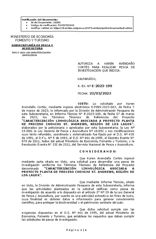 R. EX. Nº E-2023-199 AUTORIZA A KAREN AVENDAÑO CORTÉS PARA REALIZAR PESCA DE INVESTIGACIÓN QUE INDICA.(Publicado en Página Web 28-03-2023)