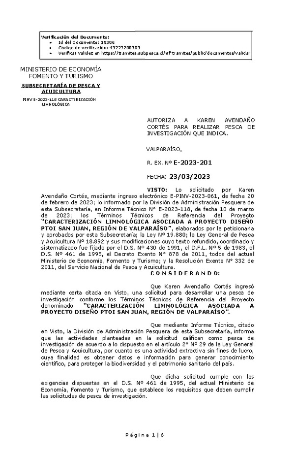 R. EX. Nº E-2023-201 AUTORIZA A KAREN AVENDAÑO CORTÉS PARA REALIZAR PESCA DE INVESTIGACIÓN QUE INDICA.(Publicado en Página Web 28-03-2023)