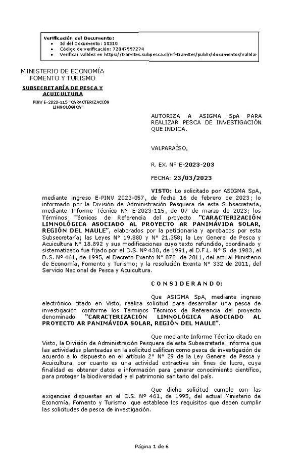 R. EX. Nº E-2023-203 AUTORIZA A ASIGMA SpA PARA REALIZAR PESCA DE INVESTIGACIÓN QUE INDICA.(Publicado en Página Web 28-03-2023)