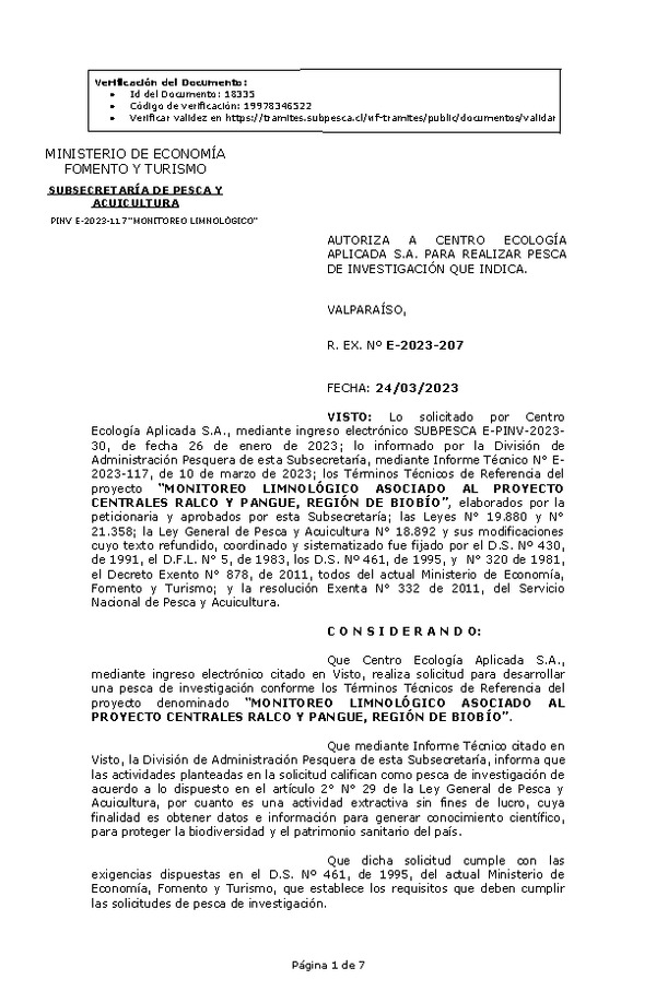 R. EX. Nº E-2023-207 AUTORIZA A CENTRO ECOLOGÍA APLICADA S.A. PARA REALIZAR PESCA DE INVESTIGACIÓN QUE INDICA.(Publicado en Página Web 28-03-2023)