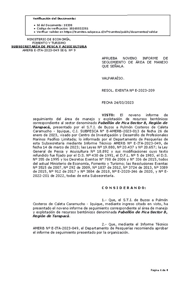 RESOL. EXENTA Nº E-2023-209 Aprueba 9° seguimiento. (Publicado en Página Web 28-03-2023)