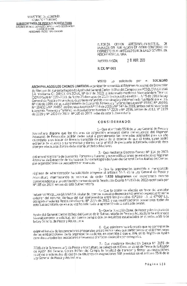 Res. Ex. N° 001-2023 (DZP Aysén) Autoriza cesión Merluza del Sur. (Publicado en Página Web 28-03-2023)