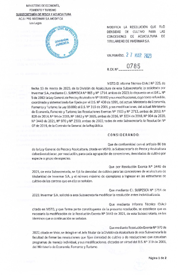 Res. Ex. N° 0785-2023 Modifica Res. Ex. N° 3440-2021 Fija densidad de cultivo para las concesiones de acuicultura de titularidad de Invermar S.A., Región de Los Lagos y Aysén.(Con Informe Técnico). (Publicado en Página Web 28-03-2023)