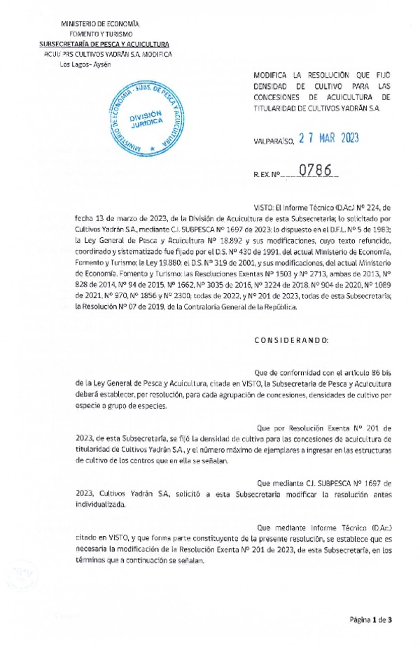 Res. Ex. N° 0786-2023 Modifica Res. Ex. N°0201-2023 Fija densidad de cultivo para las concesiones de Acuicultura de Titularidad de Cultivos Yadrán S.A., Aprueba programa de manejo que indica. (Con Informe Técnico) (Publicado en Página Web 08-03-2023)