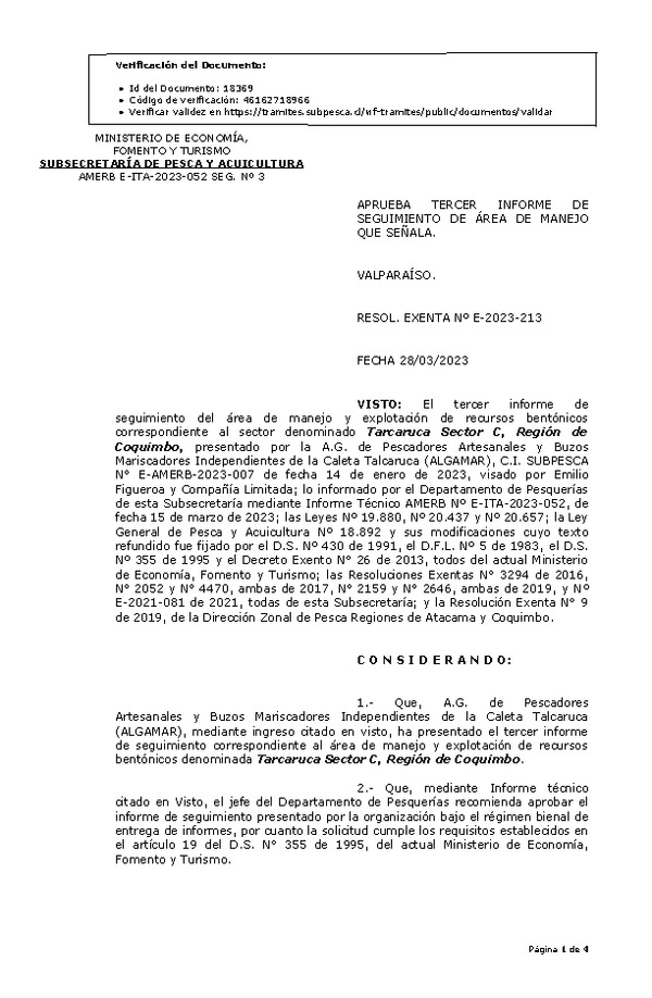 RESOL. EXENTA Nº E-2023-213 Aprueba 3° seguimiento. (Publicado en Página Web 29-03-2023)