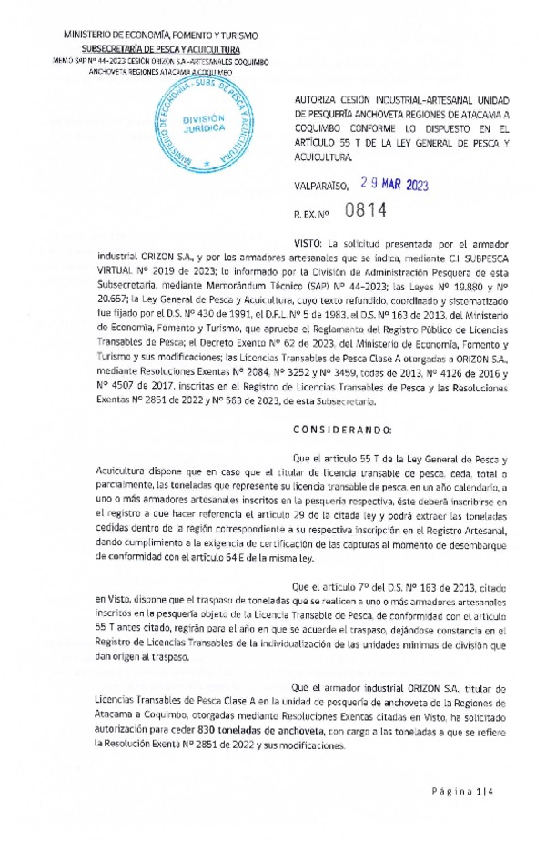 Res. Ex N° 0814-2023, Autoriza cesión Industrial-Artesanal unidad de Pesquería Anchoveta Regiones de Atacama a Coquimbo conforme lo dispuesto en el artículo 55 T de la ley General de Pesca y Acuicultura. (Publicado en Página Web 30-03-2023).