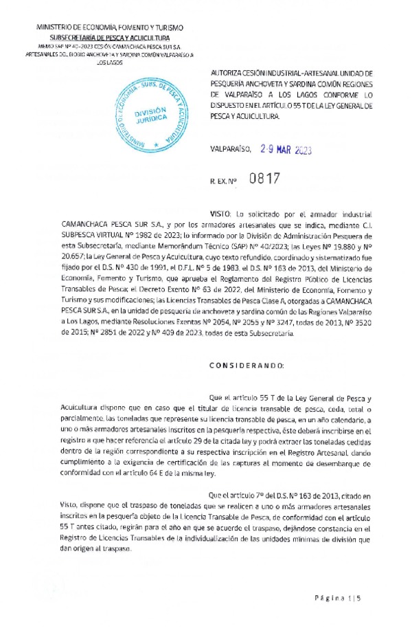 Res. Ex N° 0817-2023, Autoriza cesión Industrial-Artesanal unidad de Pesquería Anchoveta y Sardina Común Regiones de Valparaíso a Los Lagos conforme lo dispuesto en el artículo 55 T de la ley General de Pesca y Acuicultura. (Publicado en Página Web 30-03-2023).