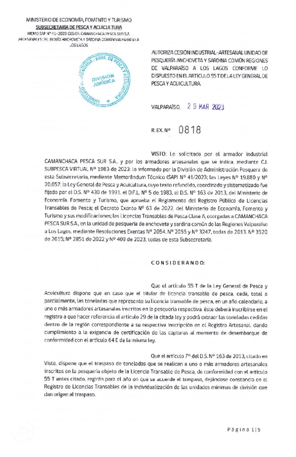 Res. Ex N° 0818-2023, Autoriza cesión Industrial-Artesanal unidad de Pesquería Anchoveta y Sardina Común Regiones de Valparaíso a Los Lagos conforme lo dispuesto en el artículo 55 T de la ley General de Pesca y Acuicultura. (Publicado en Página Web 30-03-2023).