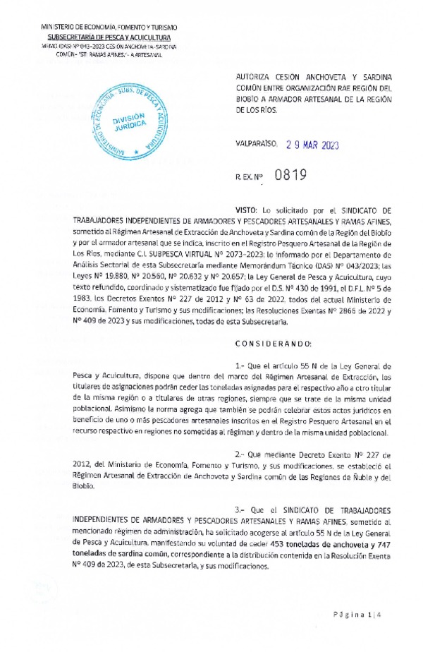 Res. Ex N° 0819-2023, Autoriza cesión Anchoveta y Sardina Común entre organización RAE Región del Biobío a Armador Artesanal de la Región de los Ríos. (Publicado en Página Web 30-03-2023).