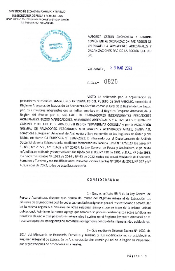 Res. Ex N° 0820-2023, Autoriza cesión Anchoveta y Sardina Común entre organización RAE Región de Valparaíso a Armador Artesanal y organizaciones RAE de la Región del Bío Bío. (Publicado en Página Web 30-03-2023).