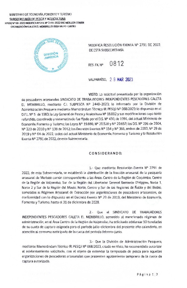 Res. Ex N° 0812-2023, Modifica Resolución Exenta N° 2791 de 2022, de esta Subsecretaría (Publicado en Página Web 30-03-2023).