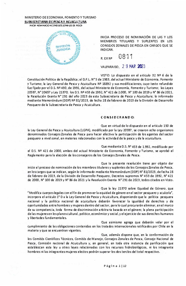 Res. Ex. N° 0811-2023 Inicia Proceso de Nominación de los Miembros Titulares y Suplentes en los Consejos Zonales de Pesca, en Cargos que se Indican. (Publicado en Página Web 31-03-2023)