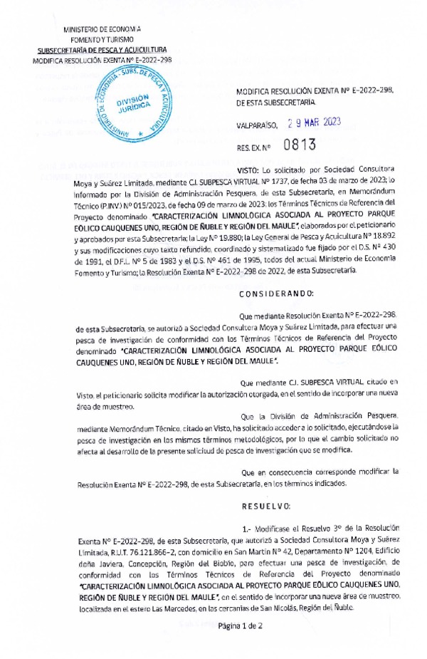 Res. Ex. N° 0813-2023 Modifica R. EX. Nº E-2022-298 CARACTERIZACIÓN LIMNOLÓGICA ASOCIADA AL PROYECTO PARQUE EÓLICO CAUQUENES UNO, REGIÓN DE ÑUBLE Y REGIÓN DEL MAULE. (Publicado en Página Web 31-03-2023)