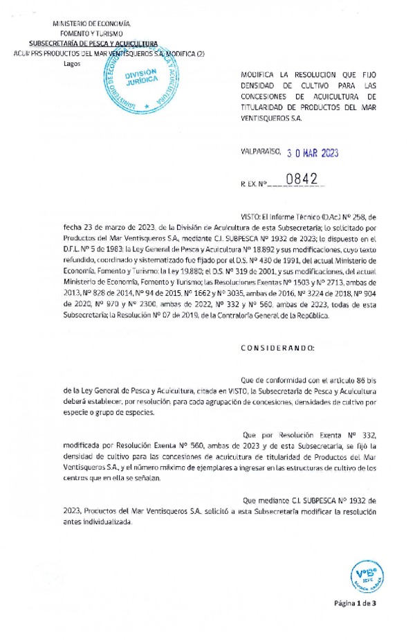 Res. Ex. N° 0842-2023 Modifica Res. Ex. N°0332-2023 Fija densidad de cultivo para las concesiones de Acuicultura de titularidad de Productos del Mar Ventisqueros S.A., Aprueba programa de manejo que indica. (Publicado en Página Web 31-03-2023)