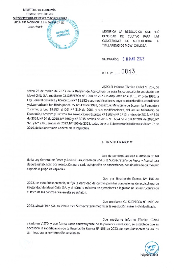 Res. Ex. N° 0843-2023 Modifica Res. Ex. N°0196-2023 Fija densidad de cultivo para las concesiones de Acuicultura de titularidad de Mowi Chile S.A., Aprueba programa de manejo que indica. (Con Informe Técnico) (Publicado en Página Web 31-03-2023)