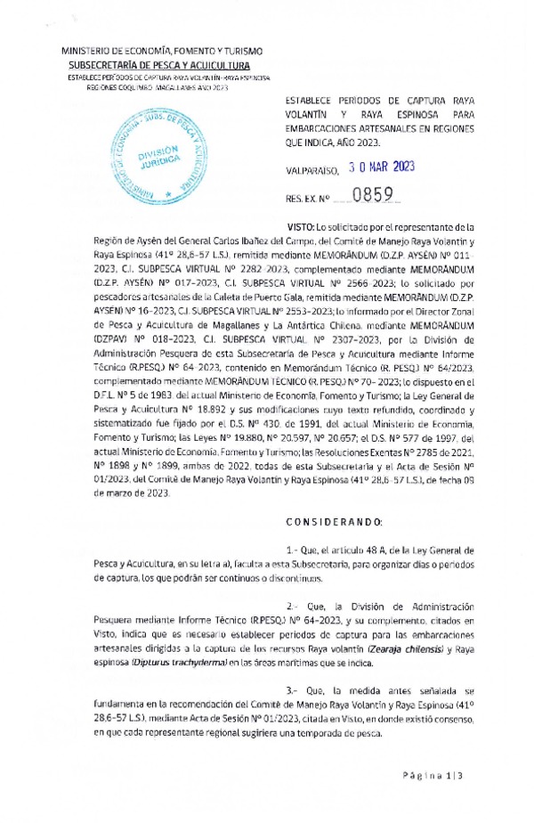 Res. Ex. N° 0859-2023 Establece Periodo de Captura para Raya Volantín y Raya Espinosa, Embarcaciones Artesanales, Regiones que Indica, Año 2023. (Publicado en Página Web 31-03-2023)