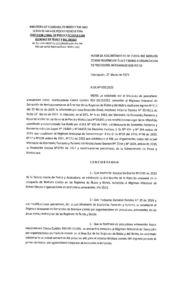 Res. Ex. N° 035-2023 (DZP Ñuble y del Biobío) Autoriza cesión Merluza común. (Publicado en Página Web 31-03-2023)