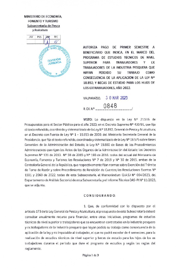 Res. Ex. N° 0848-2023 Autoriza pago de primer semestre a beneficiario que indica, en el marco del programa que señala. (Publicado en Página Web 31-03-2023)