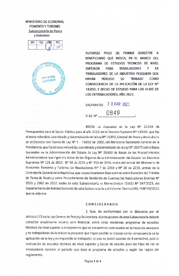 Res. Ex. N° 0849-2023 Autoriza pago de primer semestre a beneficiario que indica, en el marco del programa que señala. (Publicado en Página Web 31-03-2023)