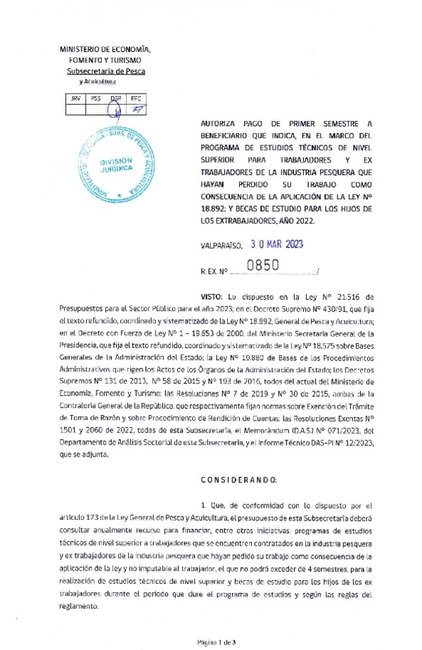 Res. Ex. N° 0850-2023 Autoriza pago de primer semestre a beneficiario que indica, en el marco del programa que señala. (Publicado en Página Web 31-03-2023)