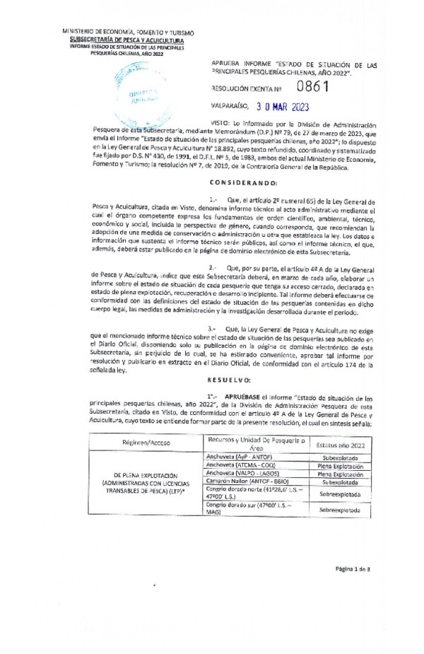 Res. Ex. N° 0861-2023 Aprueba Informe Estado de Situación de las Principales Pesquerías Chilenas, Año 2022. (Publicado en Página Web 31-03-2023)