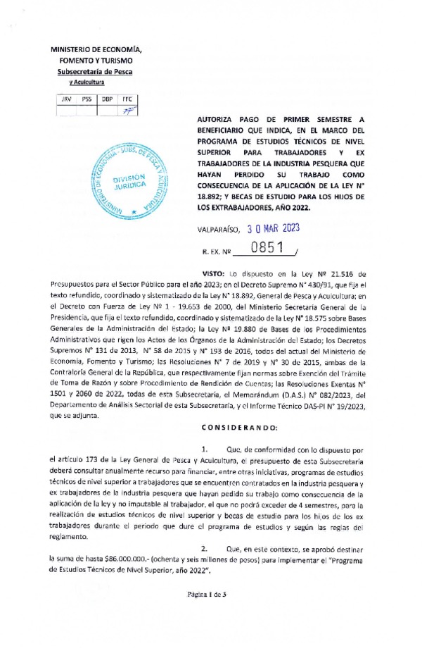 Res. Ex. N° 0851-2023 Autoriza pago de primer semestre a beneficiario que indica, en el marco del programa que señala. (Publicado en Página Web 31-03-2023)