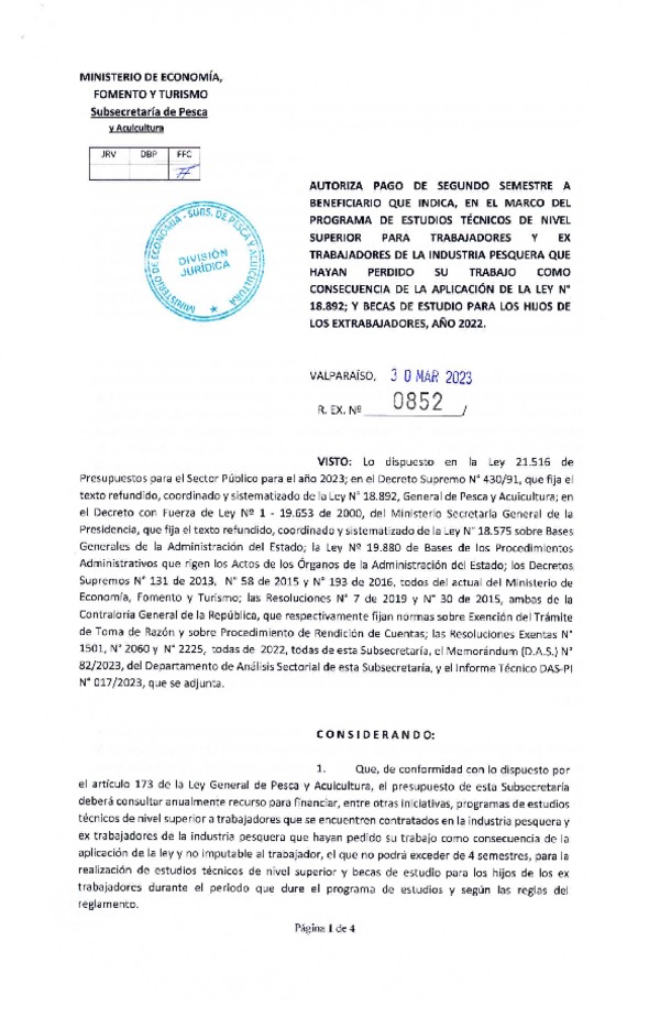 Res. Ex. N° 0852-2023 Autoriza pago de segundo semestre a beneficiario que indica, en el marco del programa que señala. (Publicado en Página Web 31-03-2023)