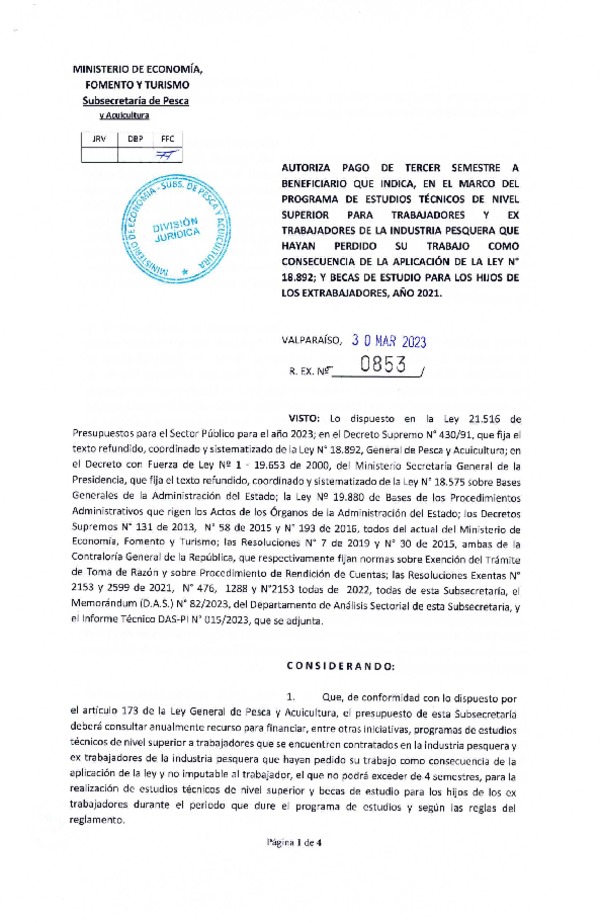 Res. Ex. N° 0853-2023 Autoriza pago de tercer semestre a beneficiario que indica, en el marco del programa que señala. (Publicado en Página Web 31-03-2023)