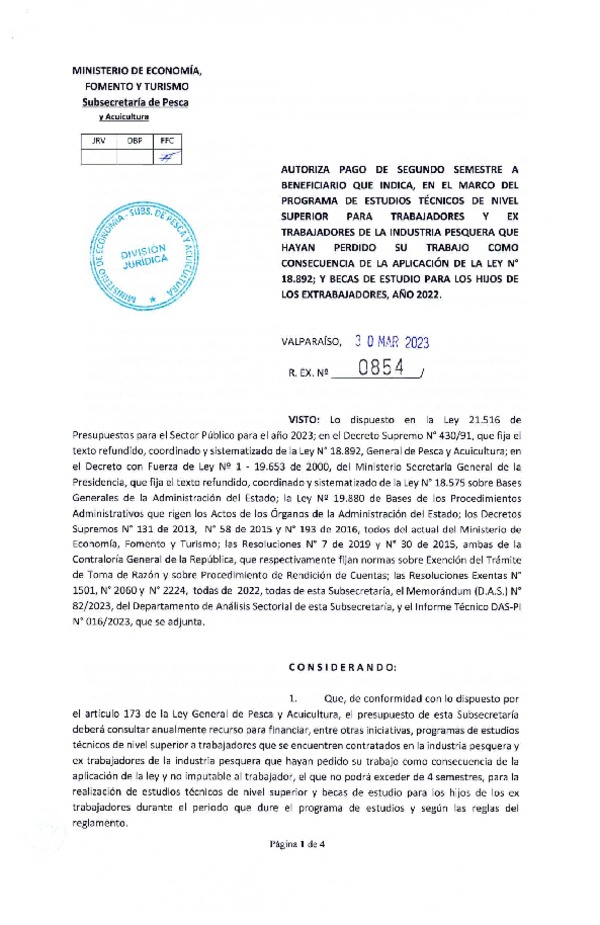 Res. Ex. N° 0854-2023 Autoriza pago de segundo semestre a beneficiario que indica, en el marco del programa que señala. (Publicado en Página Web 31-03-2023)