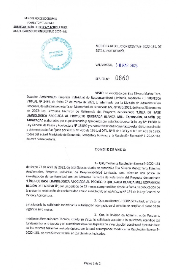 Res. Ex. N° 0860-2023 Modifica R. EX. Nº E-2022-161 LÍNEA DE BASE LIMNOLÓGICA ASOCIADA AL PROYECTO QUEBRADA BLANCA MILL EXPANSIÓN, REGIÓN DE TARAPACÁ. (Publicado en Página Web 31-03-2023)