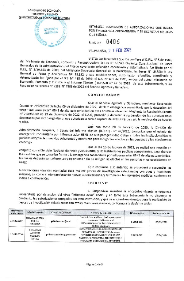 Res. Ex. N° 0406-2023 Establece Suspensión de Autorizaciones que Indica por Emergencia Zoosanitaria y se Decretan Medidas que Señala.