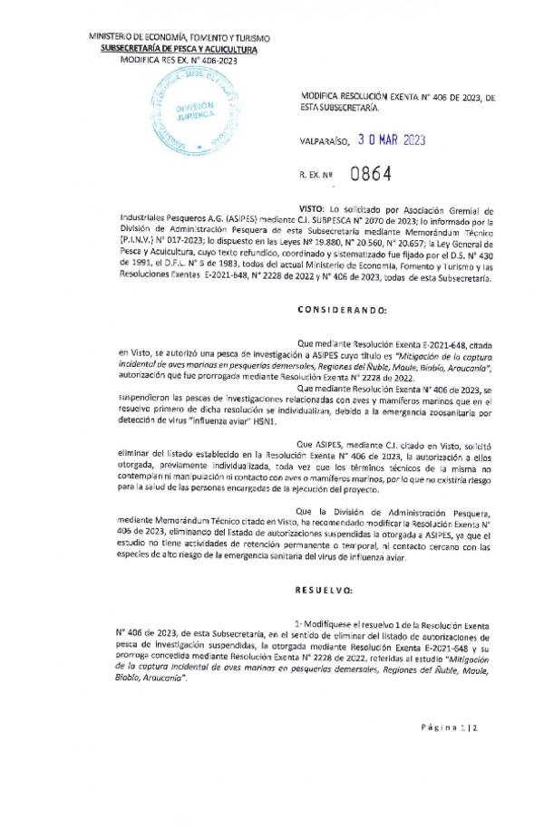 Res. Ex. N° 0864-2023 Modifica Res. Ex. N° 406-2023 que Establece Suspensión de Autorizaciones que Indica. (Publicado en Página Web 31-03-2023)