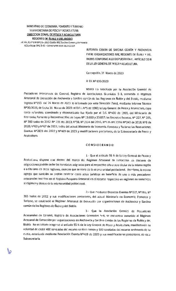Res. Ex. N° 036-2023 (DZP Ñuble y del Biobío) Autoriza cesión Sardina común y Anchoveta. (Publicado en Página Web 03-04-2023)