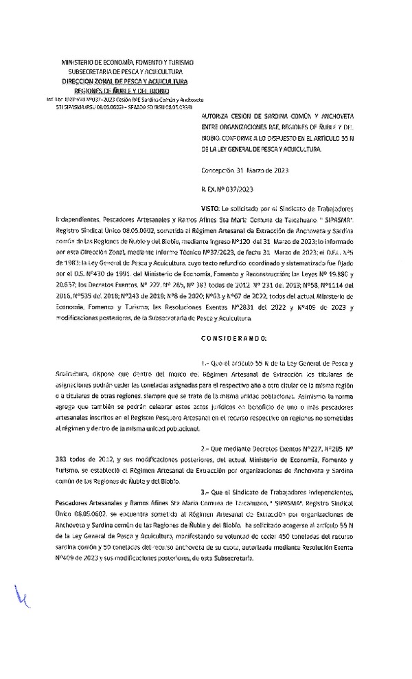 Res. Ex. N° 037-2023 (DZP Ñuble y del Biobío) Autoriza cesión Sardina común y Anchoveta. (Publicado en Página Web 03-04-2023)