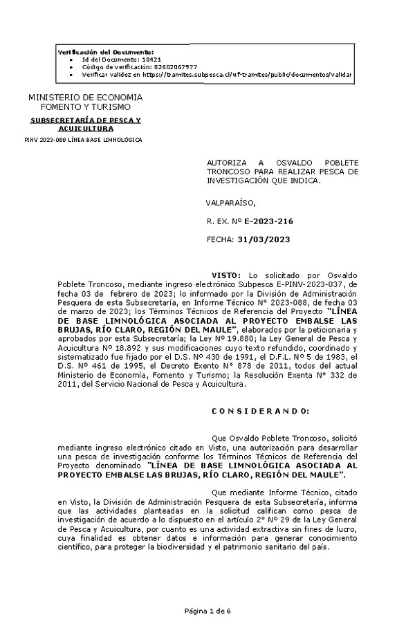 R. EX. Nº E-2023-216 AUTORIZA A OSVALDO POBLETE TRONCOSO PARA REALIZAR PESCA DE INVESTIGACIÓN QUE INDICA.(Publicado en Página Web 03-04-2023)