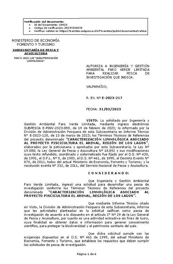 R. EX. Nº E-2023-217 AUTORIZA A INGENIERÍA Y GESTIÓN AMBIENTAL FARO VERDE LIMITADA PARA REALIZAR PESCA DE INVESTIGACIÓN QUE INDICA.(Publicado en Página Web 03-04-2023)