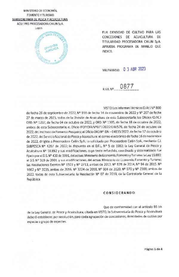 Res. Ex. N°0877-2023 Fija densidad de cultivo para las concesiones de Acuicultura de Titularidad de Procesadora Caolín SpA, Aprueba programa de manejo que indica. (Con Informe Técnico) (Publicado en Página Web 03-04-2023)