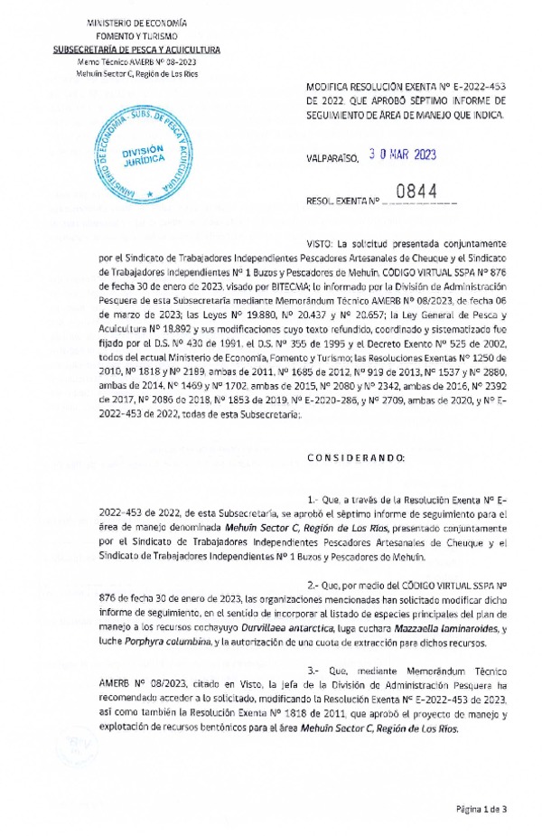 Res. Ex. N° 0844-2023 Modifica 	RESOL. EXENTA Nº E-2022-453 Modifica Resolución que Indica. Aprueba 7° Seguimiento. (Publicado en Página Web 03-04-2023)