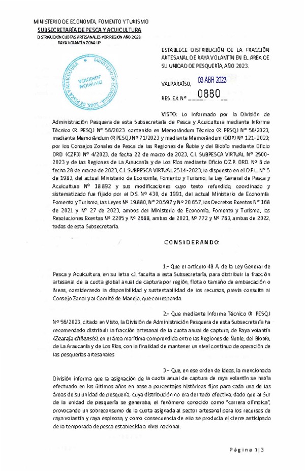 Res. Ex. N° 0880-2023 Establece Distribución de la Fracción Artesanal de Raya Volatín en el Área de su Unidad de Pesquería, Año 2023. (Publicado en Página Web 04-04-2023)